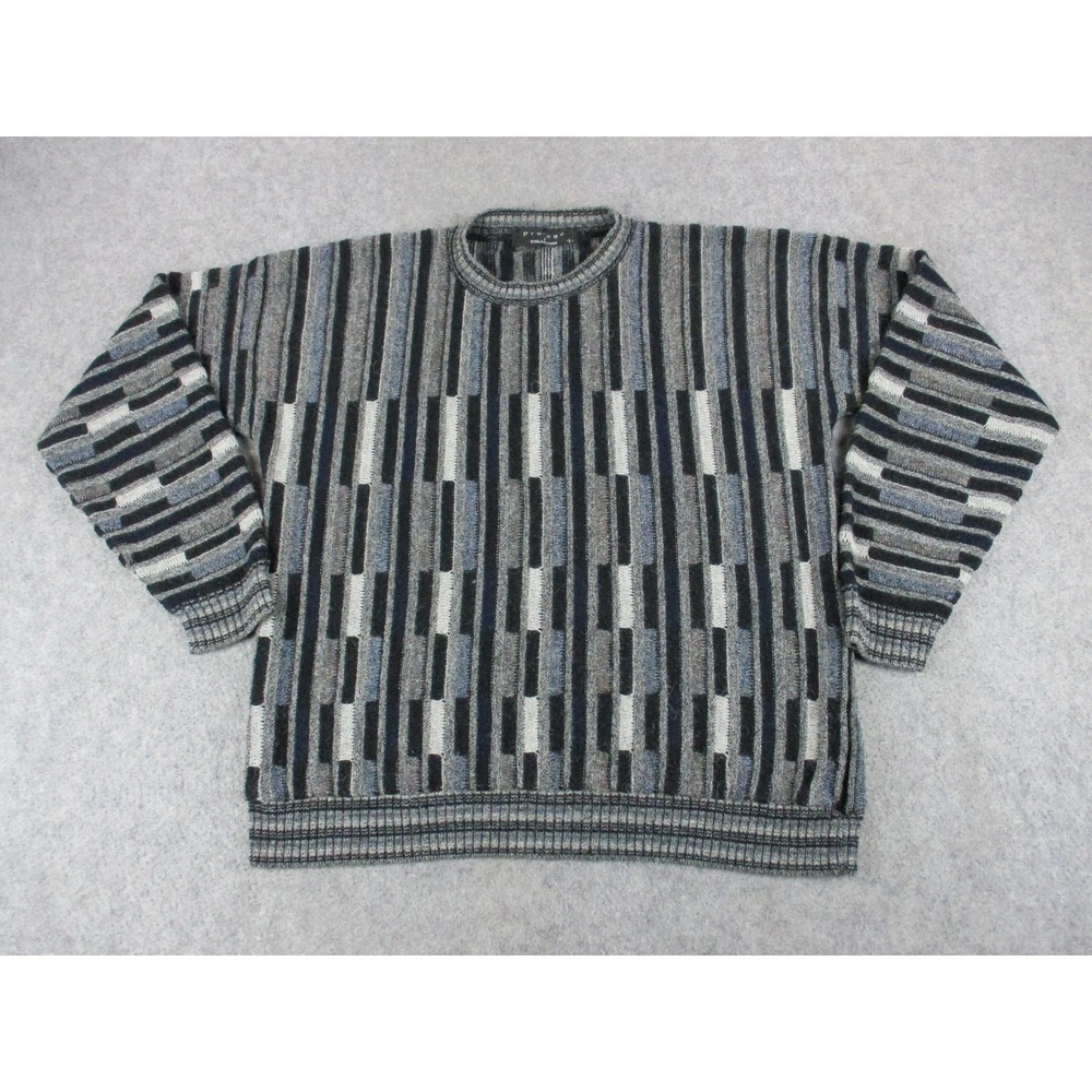 VTG Protoge Sweater Mens Large Gray Striped Alpaca Wool Chunky‎ Knit Sweatshirt